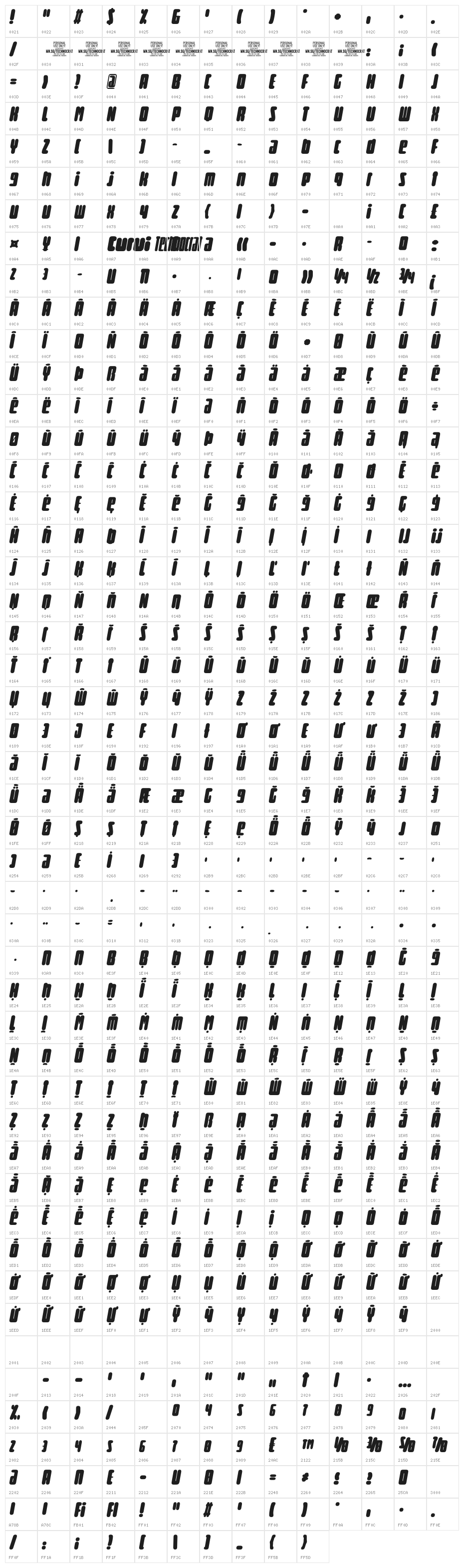 Curvi Technocrat PERSONAL Regular Character Map