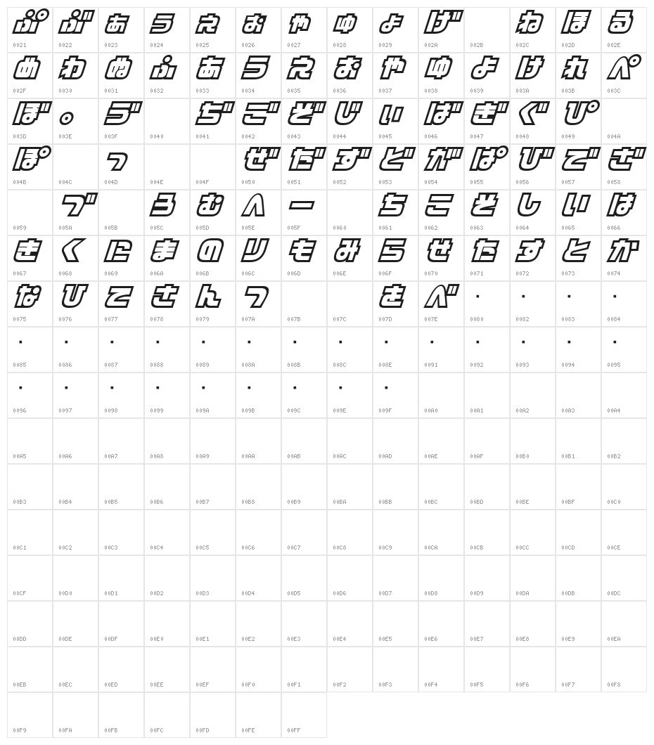 D3 Cosmism Hiragana Oblique Character Map