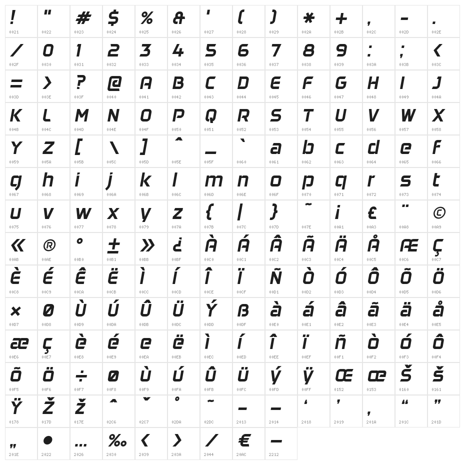 DAGGERSQUARE-OBLIQUE Character Map