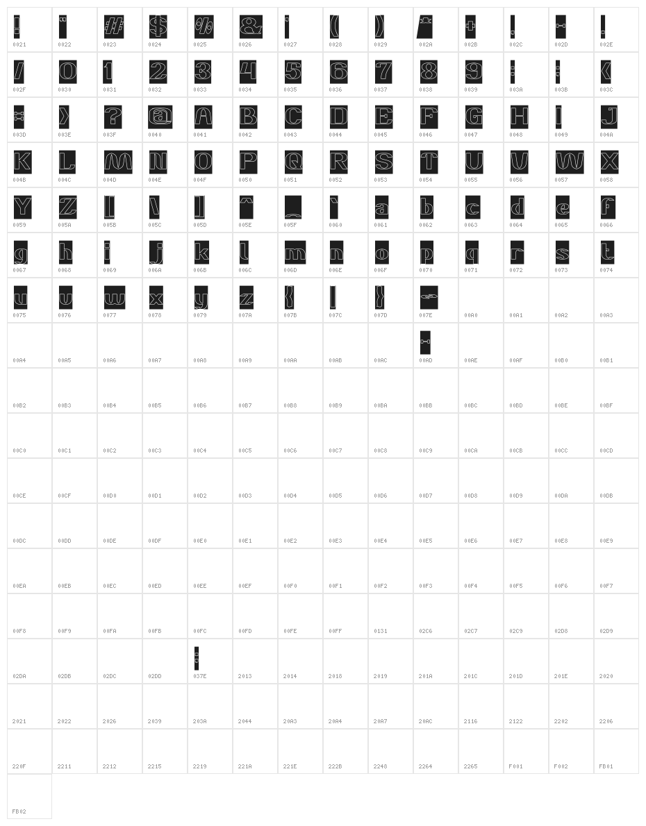 DANIEL-Hollow-Inverse Bold Character Map