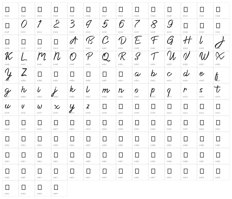 Dacilla Script Demo Character Map