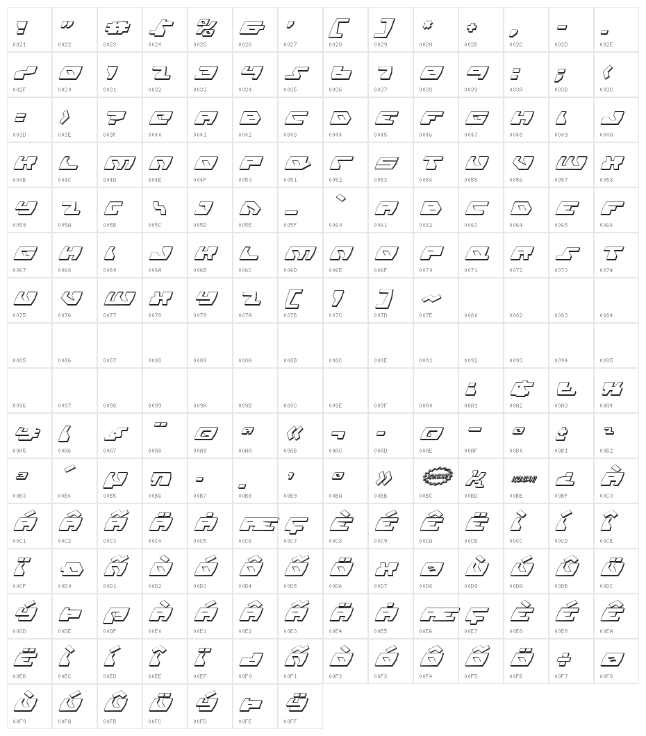 Daedalus Shadow Italic Character Map
