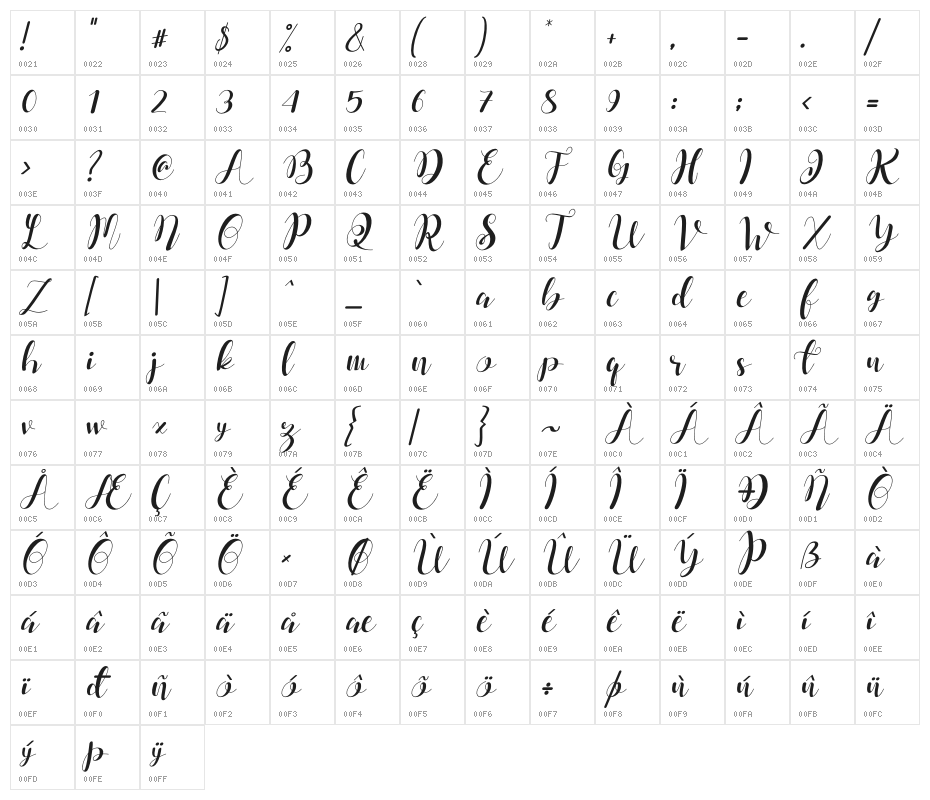 Dahllia Claire Italic Character Map
