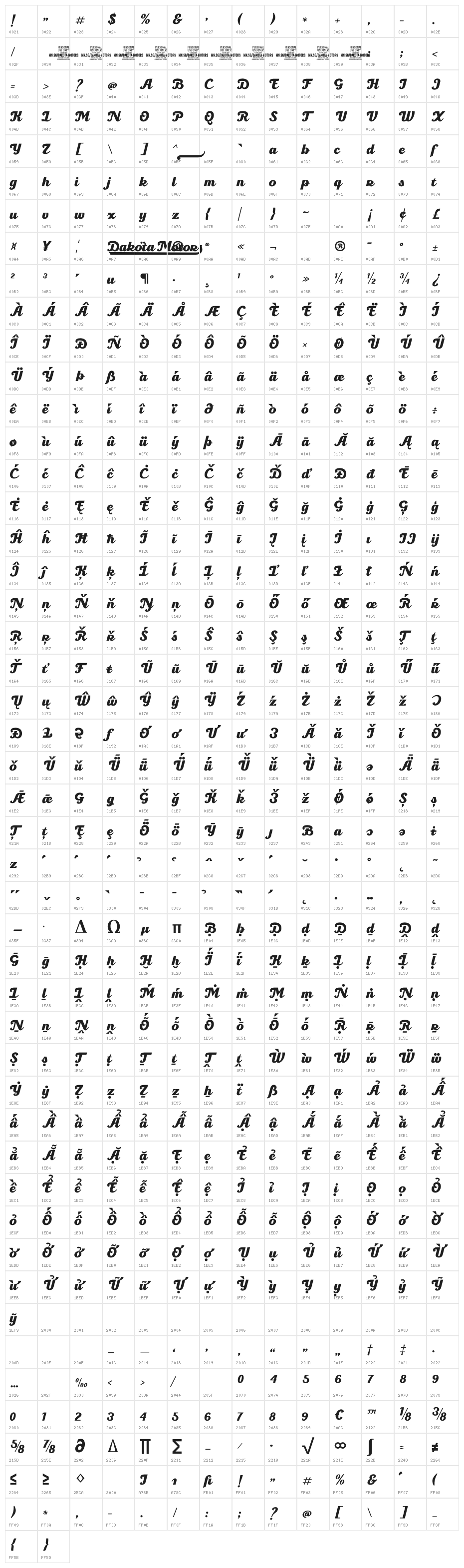 Dakota Motors PERSONAL USE Regular Character Map