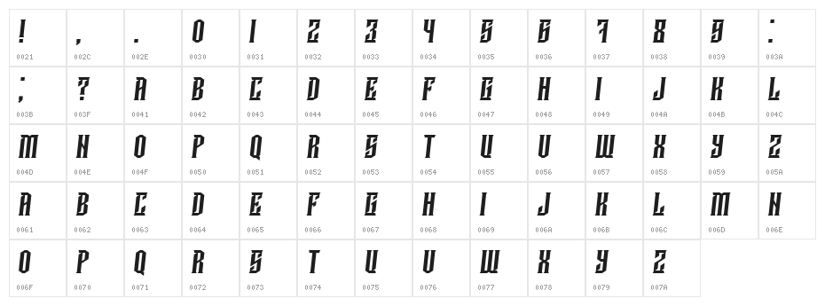 Damages Italic Character Map