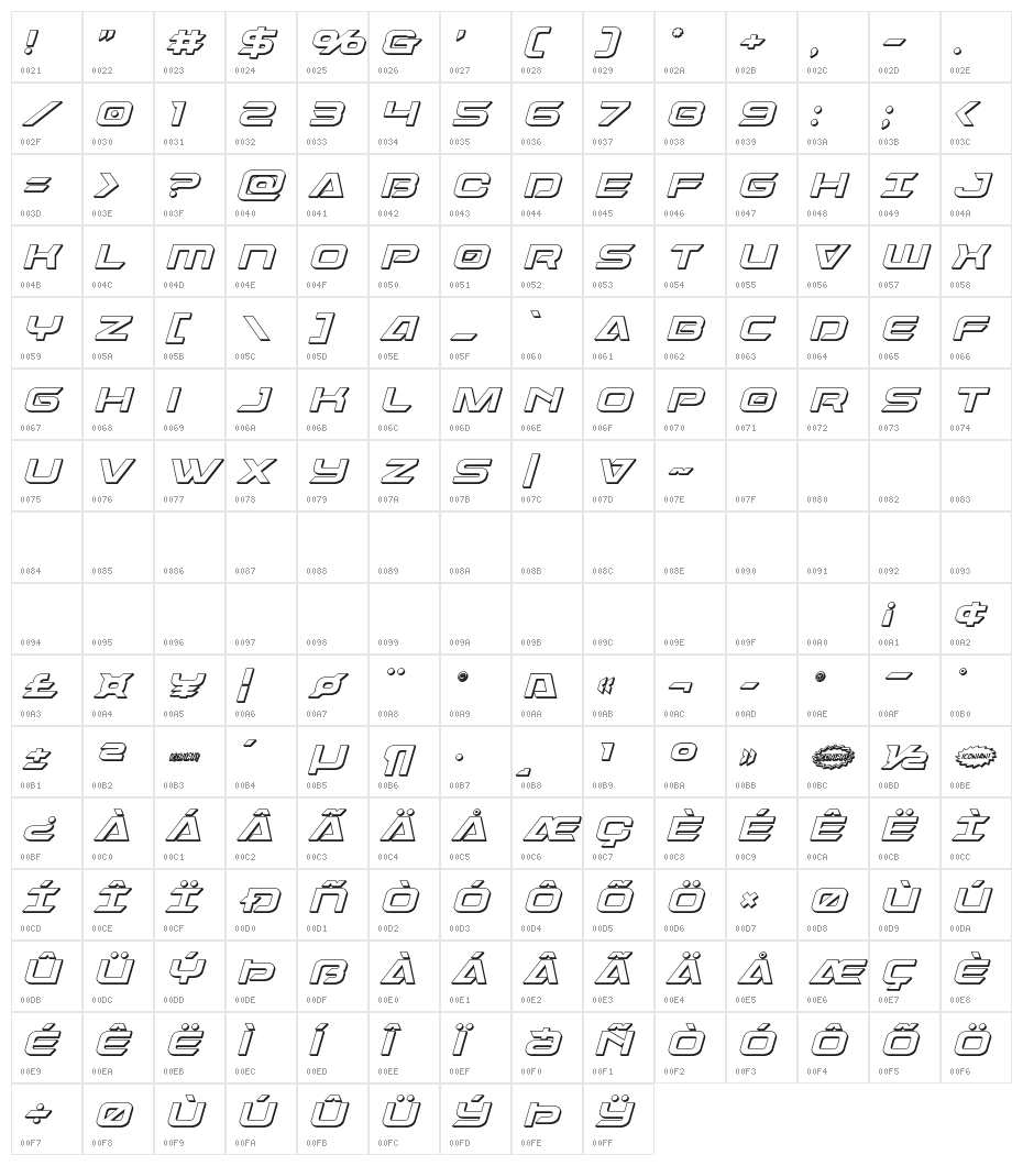 Dameron 3D Italic Character Map