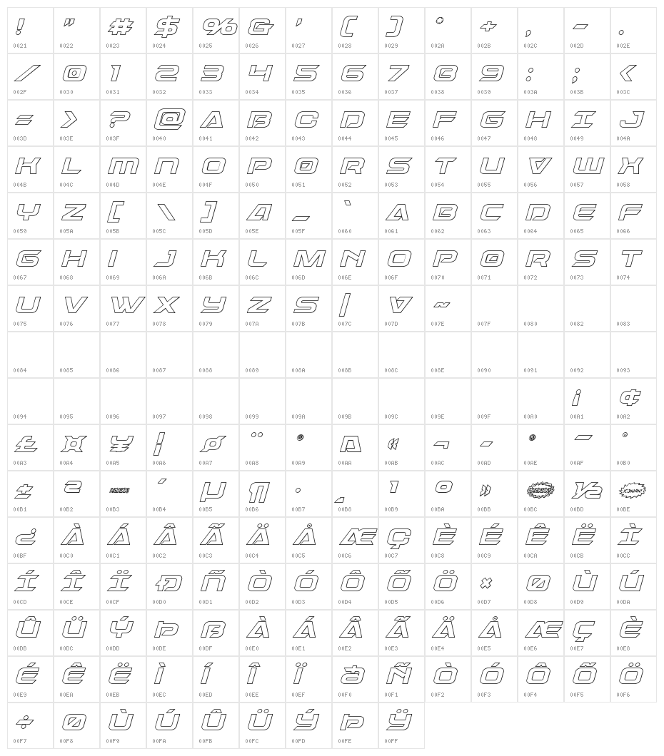 Dameron Outline Italic Character Map
