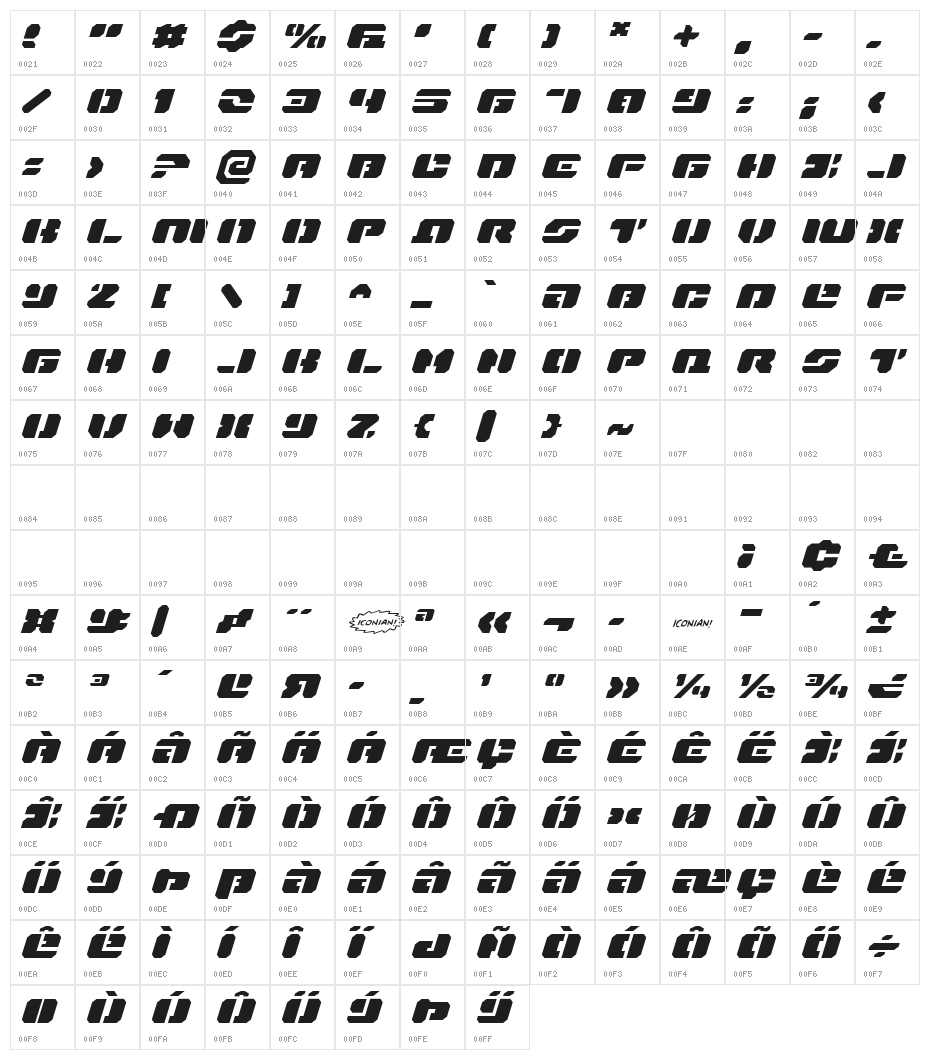 Dan Stargate Extra-expanded Italic Character Map