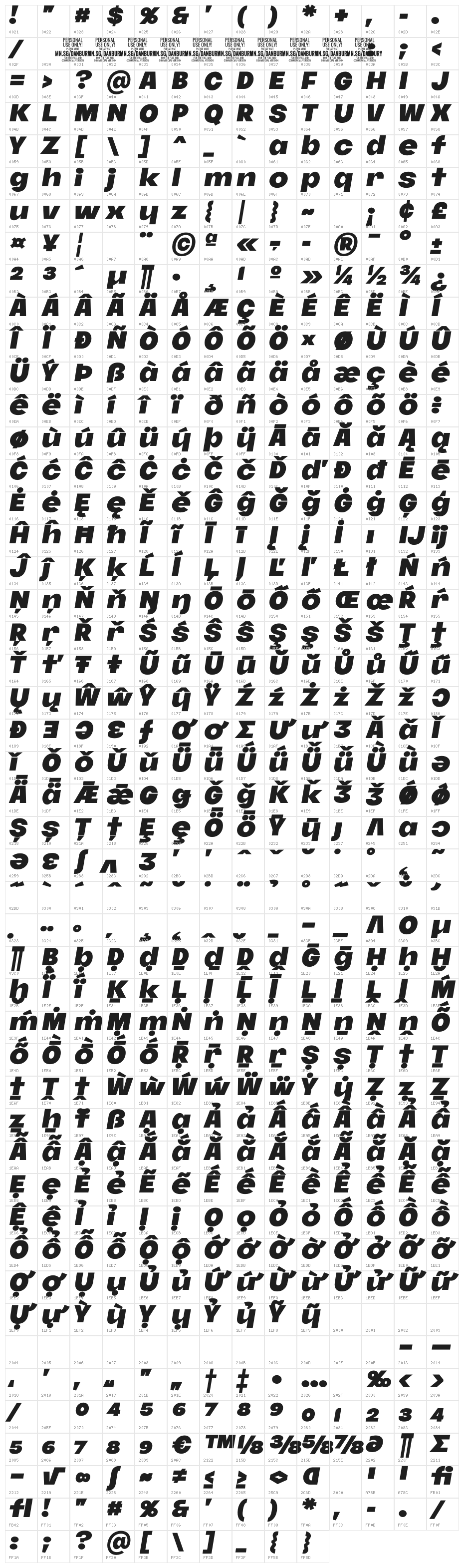 Danbury PERSONAL USE Regular Character Map