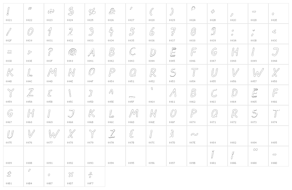 Darbog outline Bold Italic Character Map