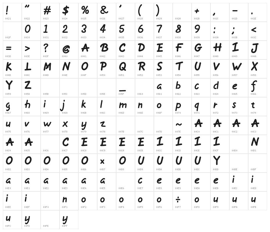 Dareo-Regular Character Map