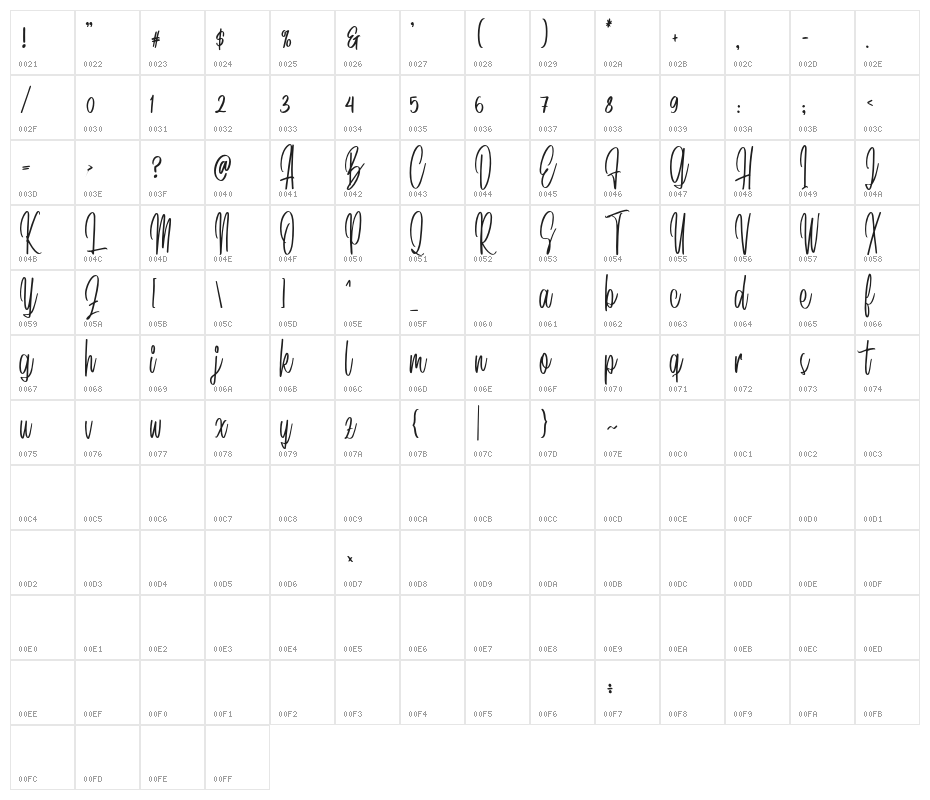 DaritaScriptDEMO-Regular Character Map