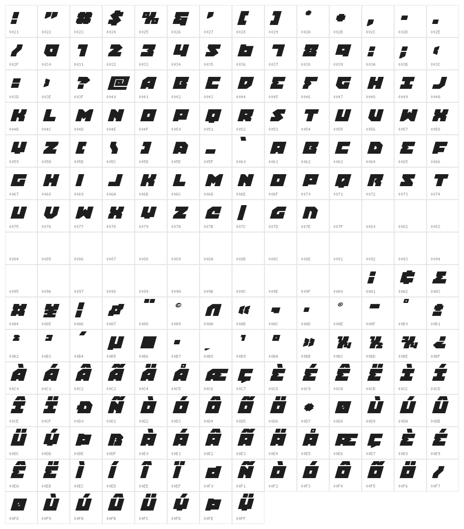 Dark Hornet Expanded Italic Character Map