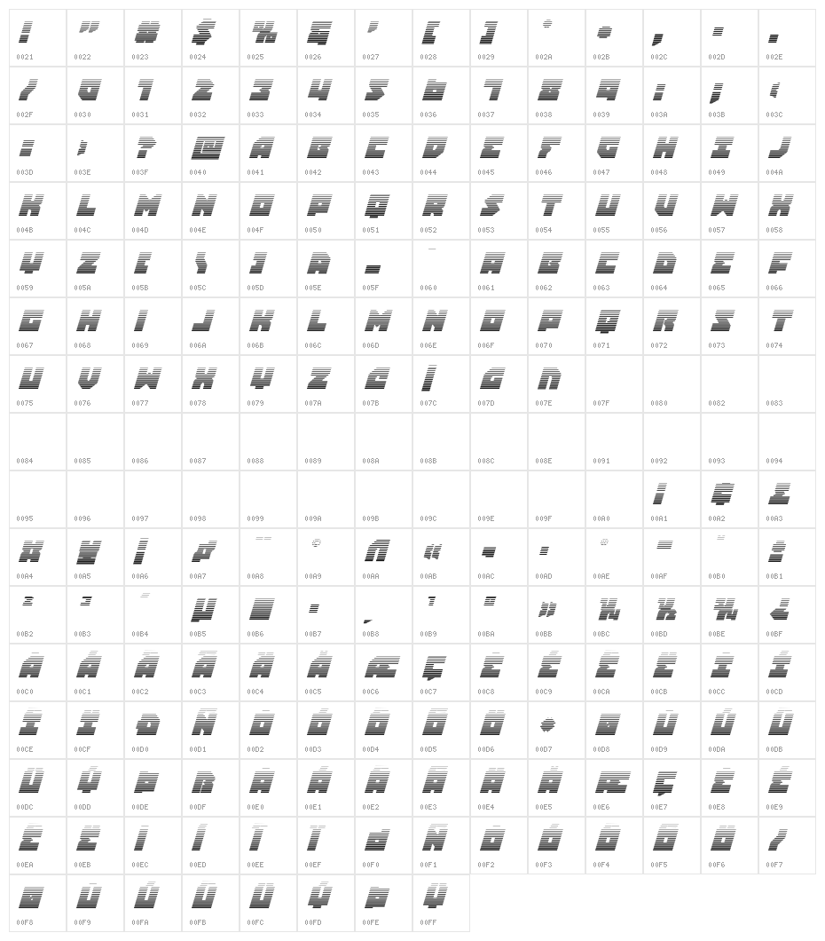 Dark Hornet Gradient Italic Character Map