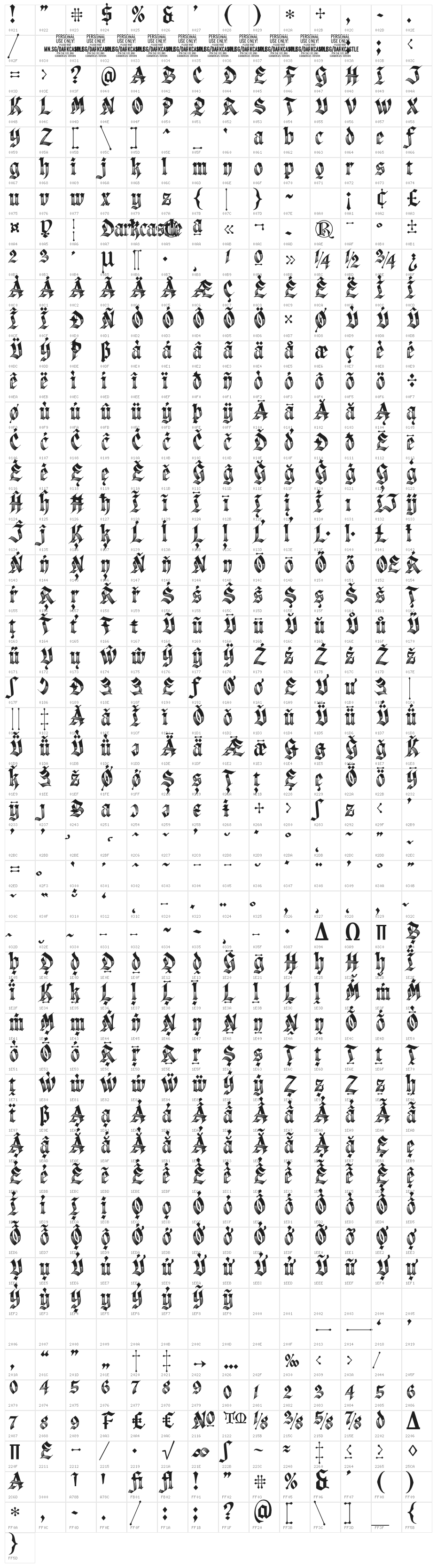 Darkcastle PERSONAL USE Regular Character Map