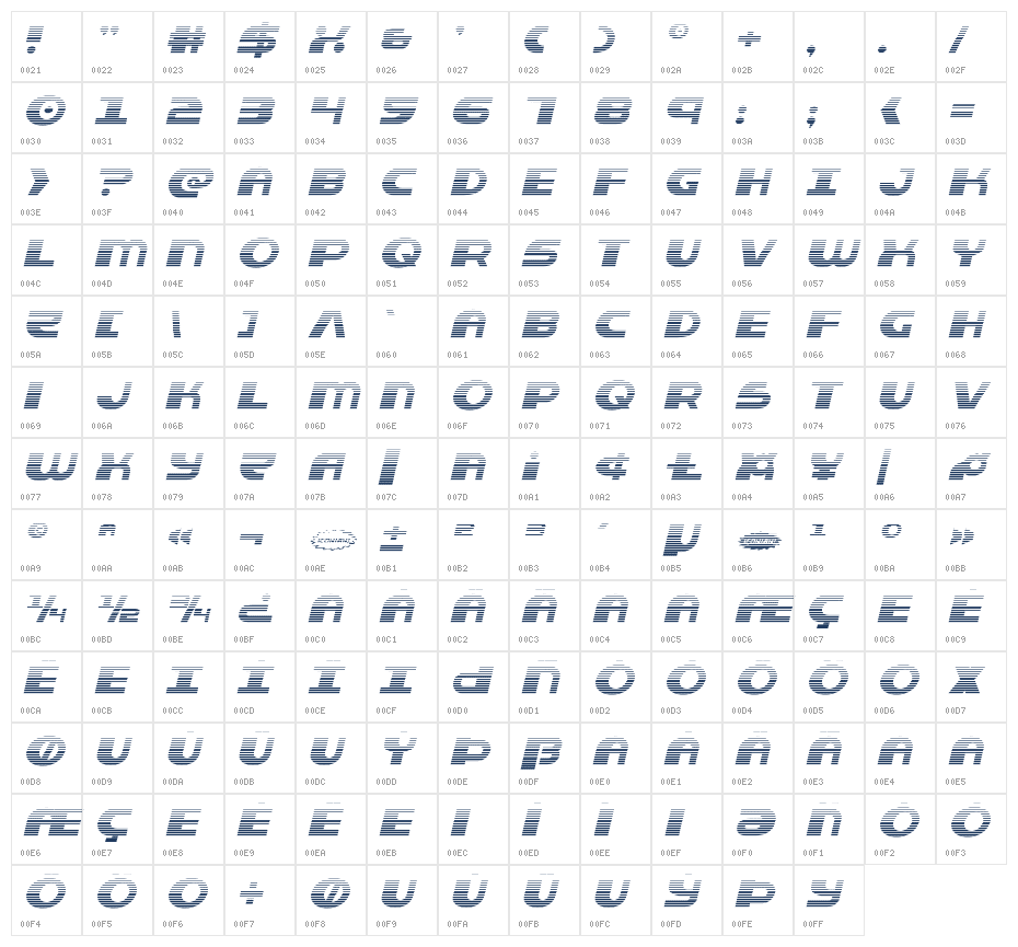 Dashiel Gradient Italic Character Map
