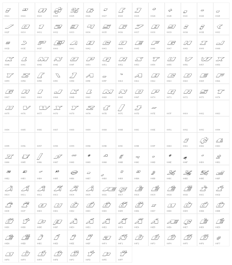 Dassault 3D Italic Character Map