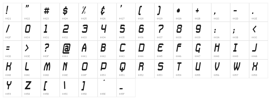 Daville Condensed Slanted Character Map