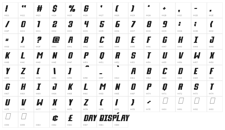 Day Display Italic Character Map