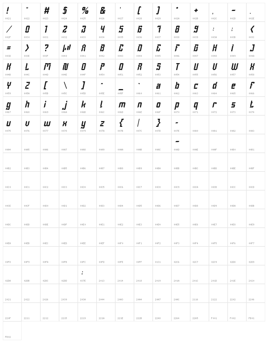 Dayak Shield Italic Character Map