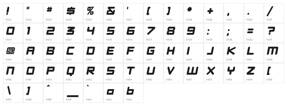 DBXLNightfever ExtraWideItalic Character Map