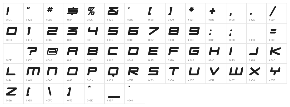 DBXLNightfever UltraWideItalic Character Map