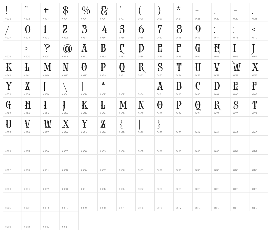DEATH CROW Regular Character Map