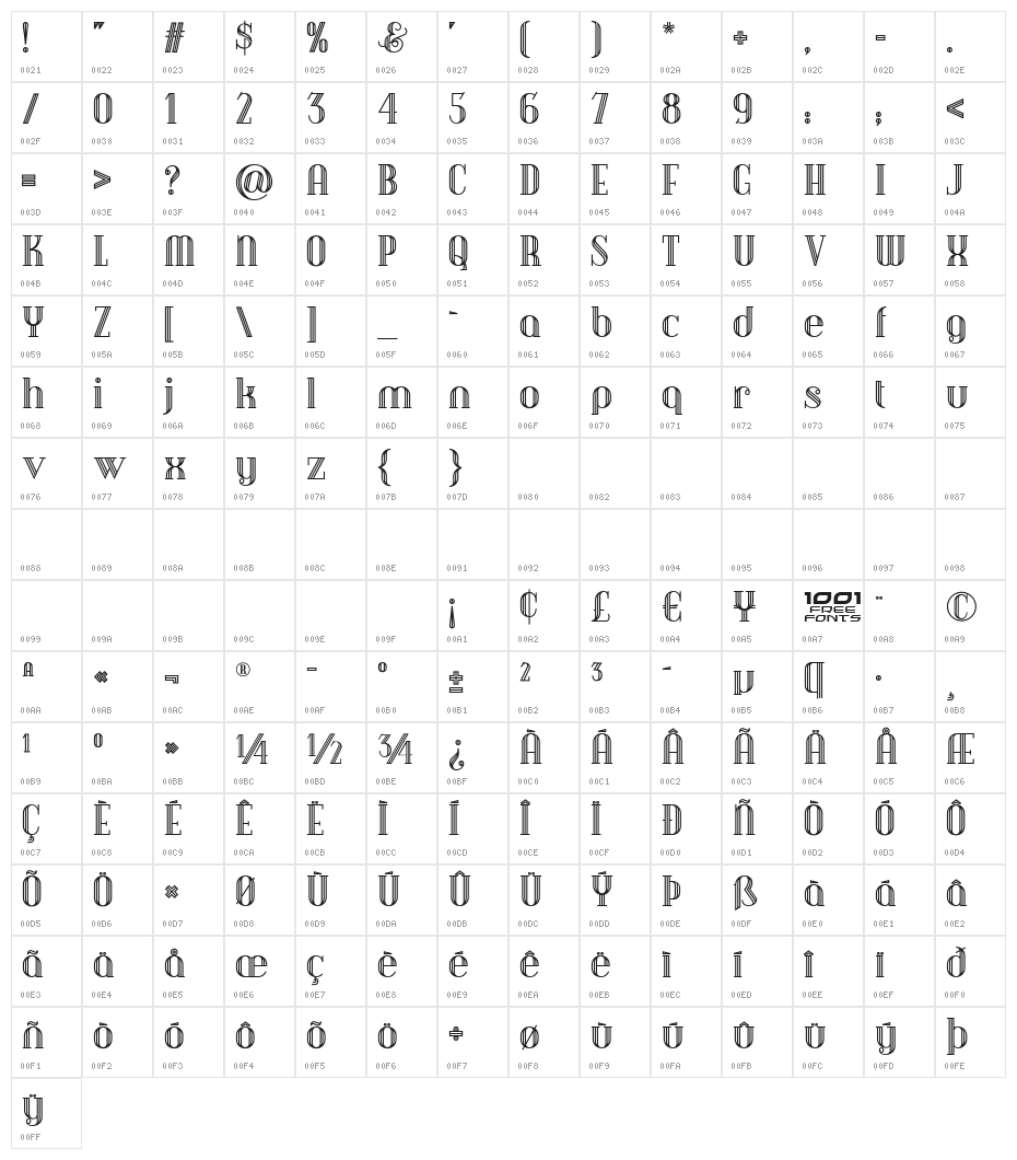 Debonair Inline NF Character Map