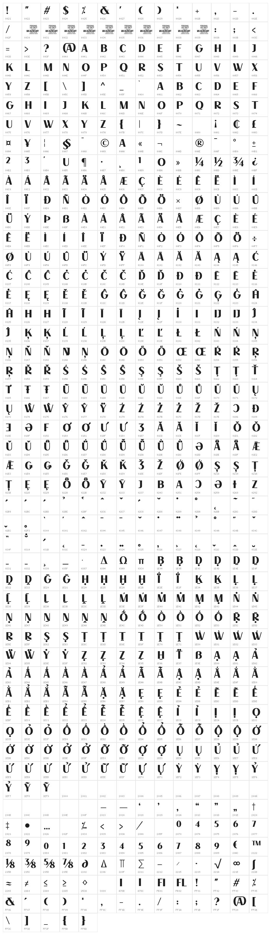 Decary Sans Light PERSONAL USE Regular Character Map