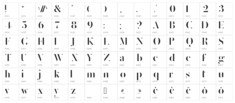 Delicate Bold Regular Character Map