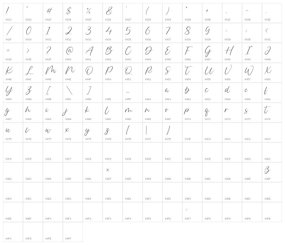 Delmon Delicate Script Character Map