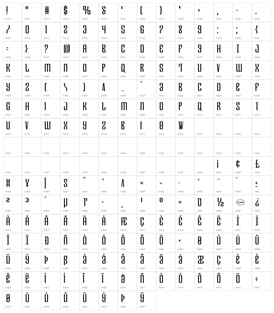 Department H Condensed Character Map