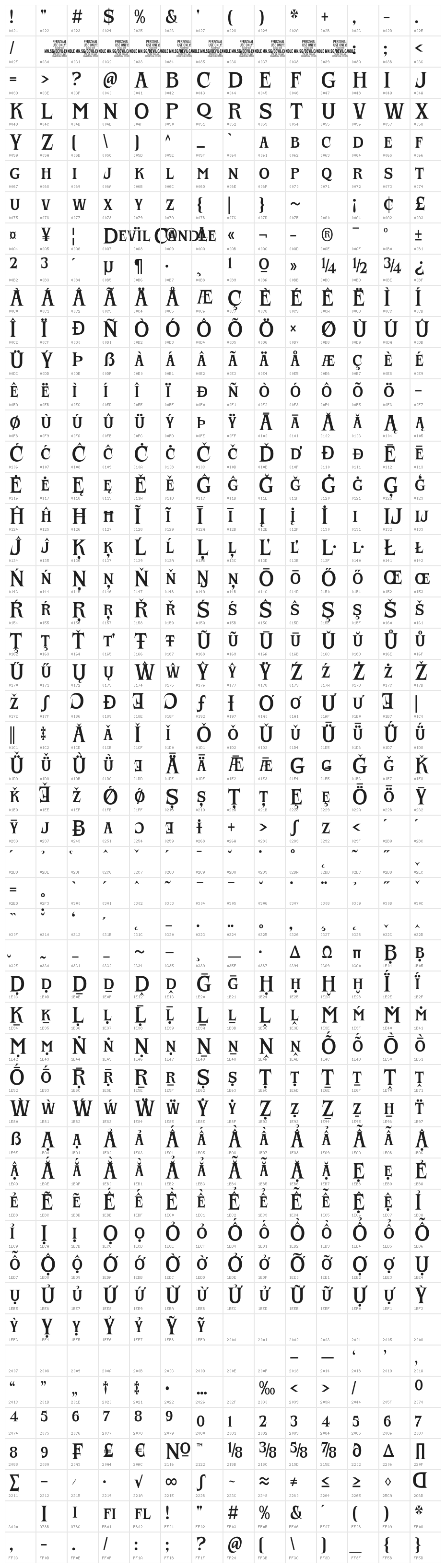 Devil Candle PERSONAL USE Regular Character Map