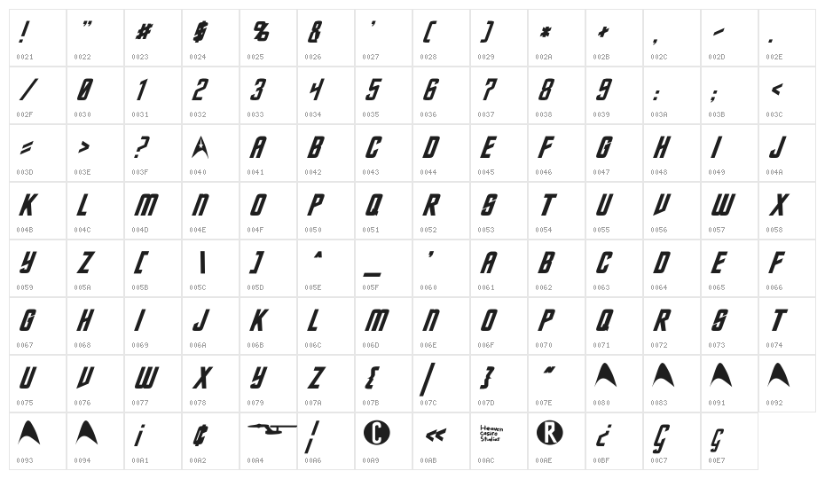 DIN Trek Kursywa Character Map