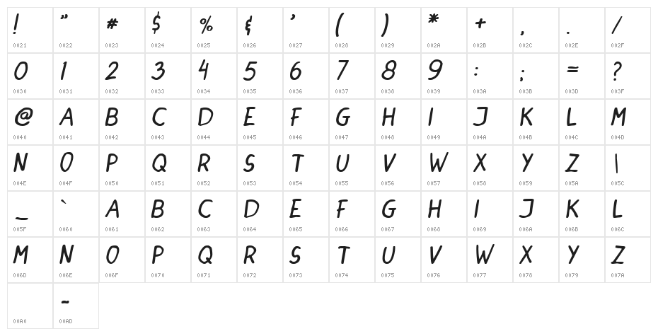DINSKI CASUAL HANDWRITING Italic Character Map