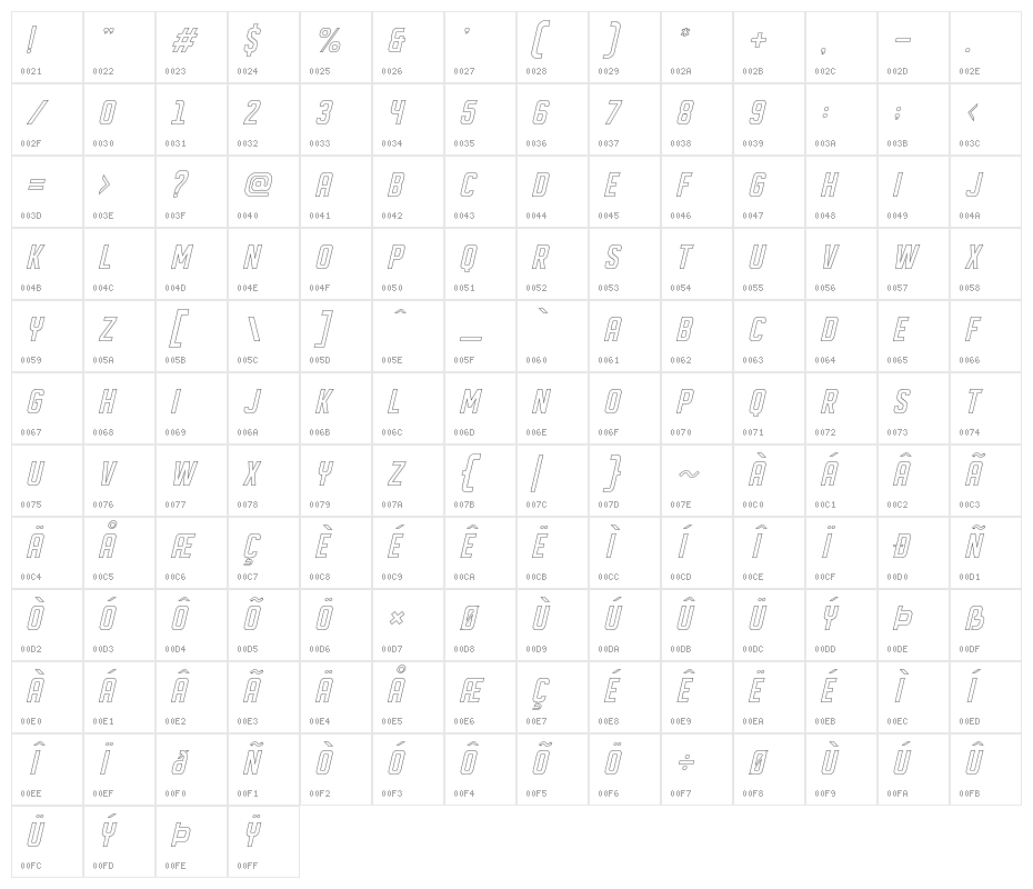 DISPLAYEDObliqueoutline Character Map