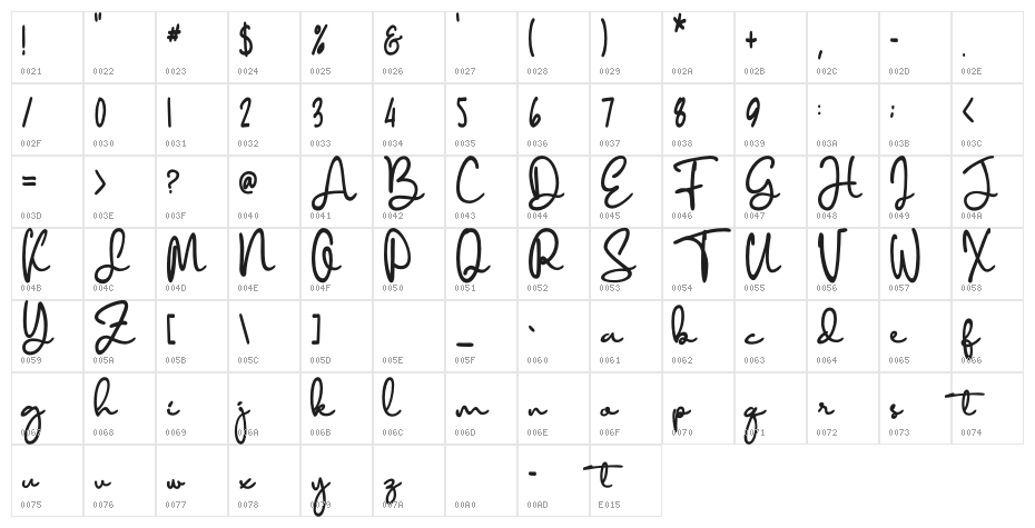 Diamant handwriting Character Map