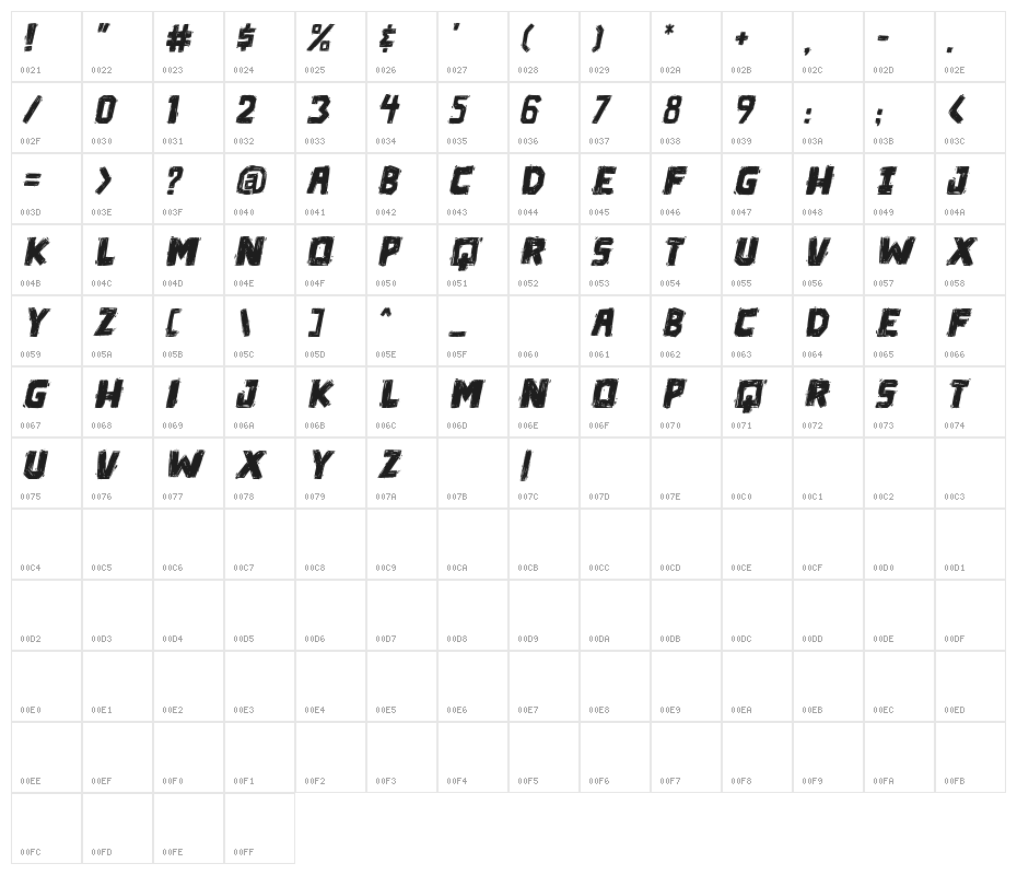 Die in a fire PG Italic Character Map