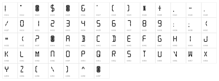 Digital Readout Thick Upright Character Map