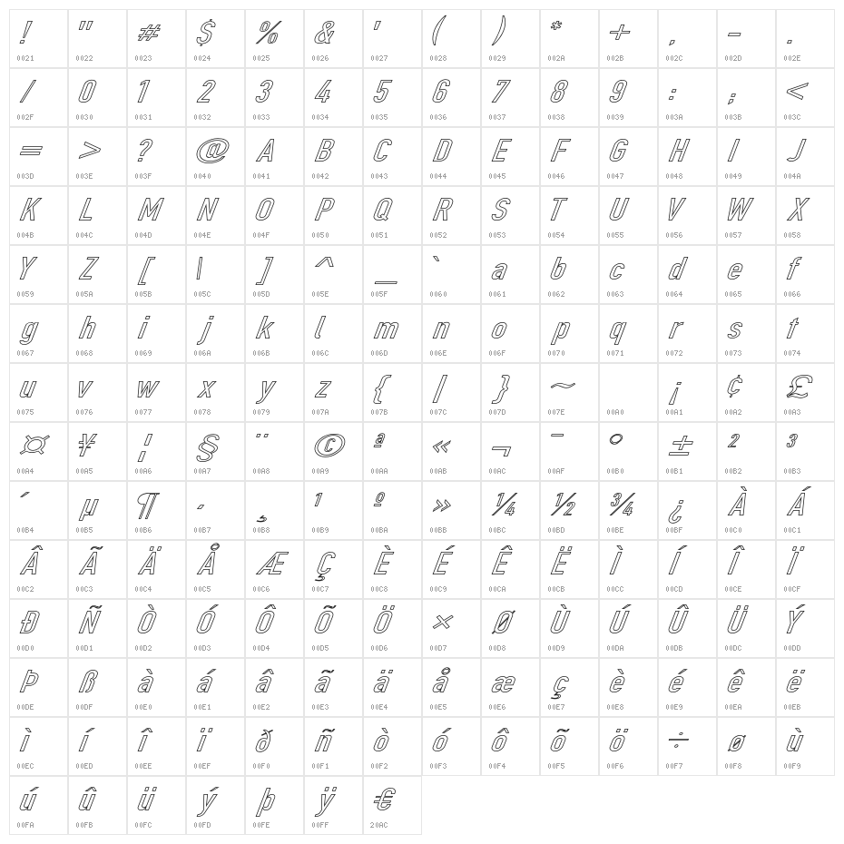 Din Kursivschrift Breit Ghost Character Map