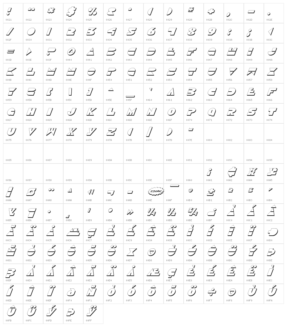 Disco Duck 3D Italic Character Map