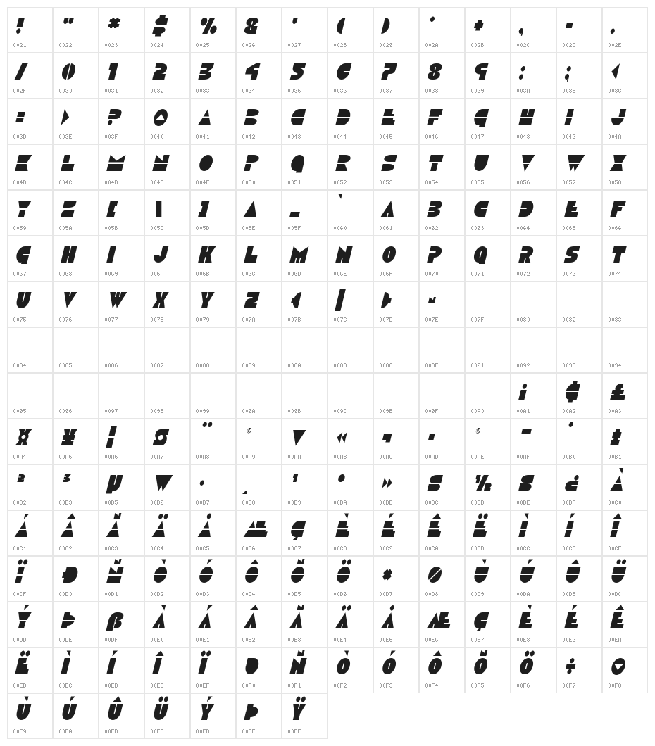 Disco Duck Condensed Italic Character Map