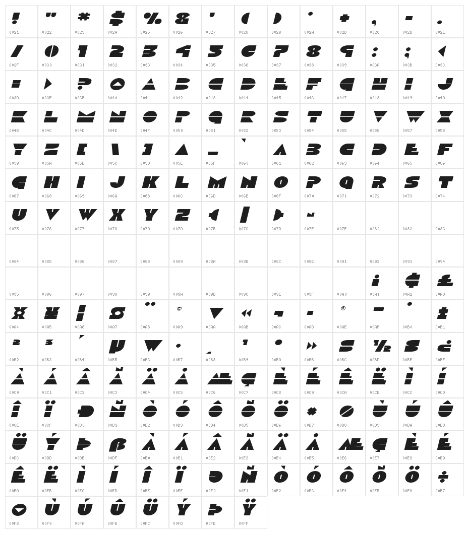 Disco Duck Expanded Italic Character Map