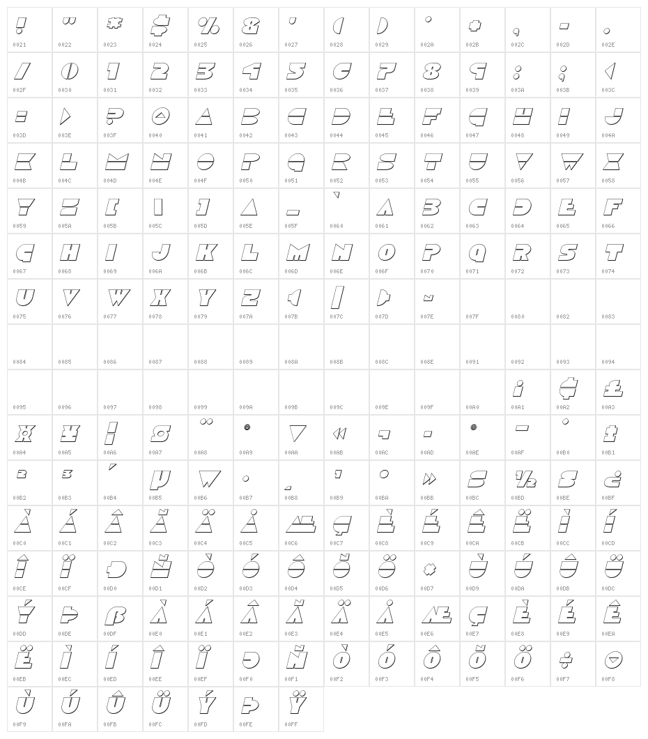 Disco Duck Outline Italic Character Map