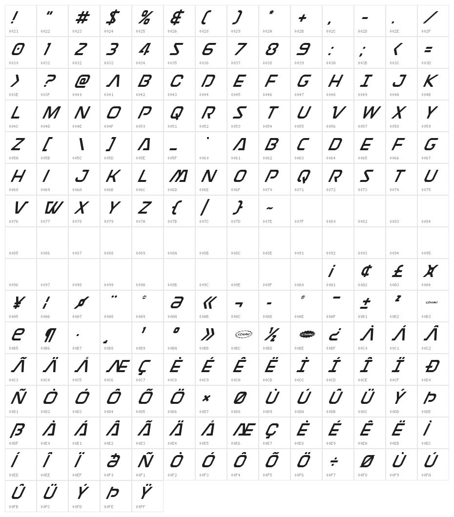 Discotechia Super-Italic Character Map