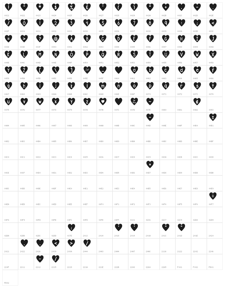 DJB Shape Up Hearts Character Map