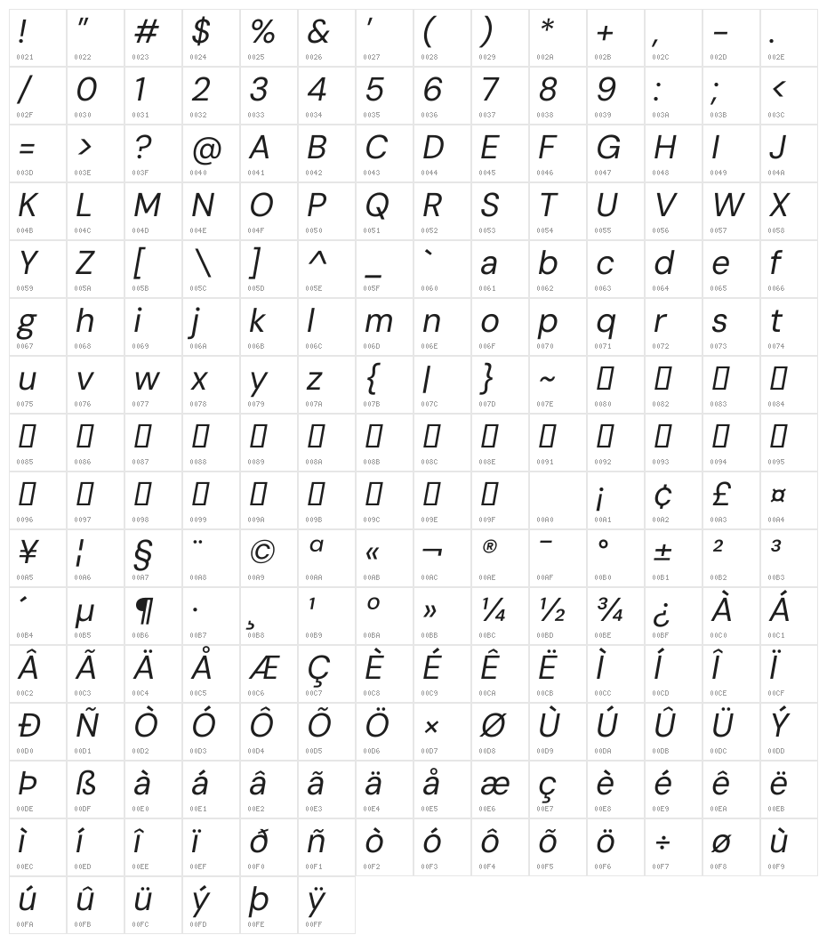 DM Sans 9pt Italic Character Map