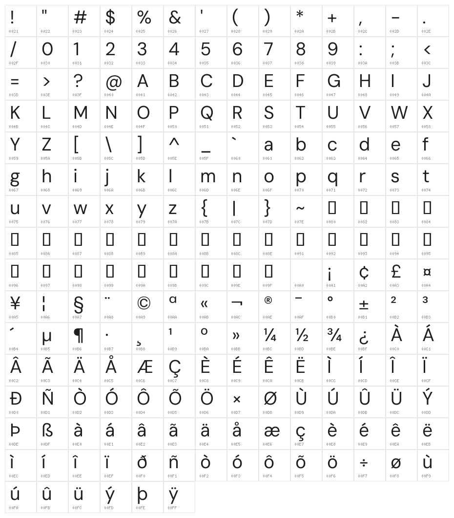 DM Sans 9pt Regular Character Map