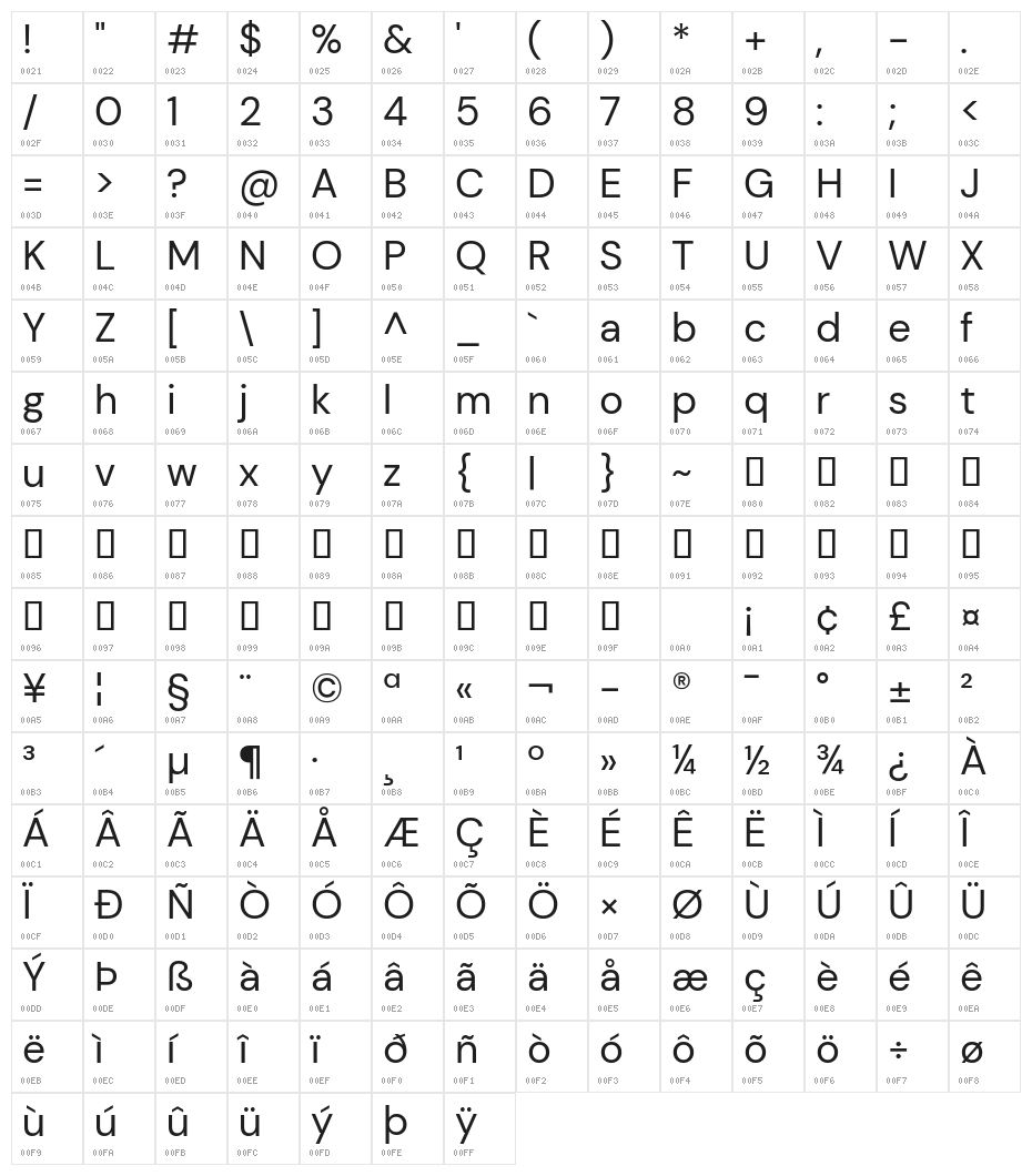 DM Sans Regular Character Map