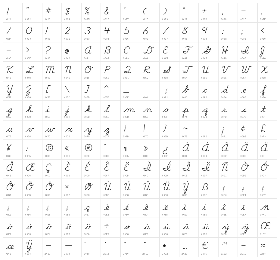 DmoDNCursive-Regular Character Map
